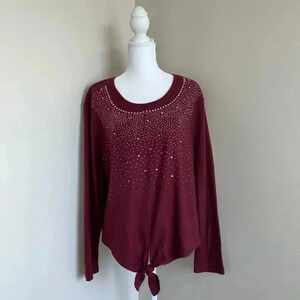 LC Couture Burgundy Jeweled Front Tie Sweater